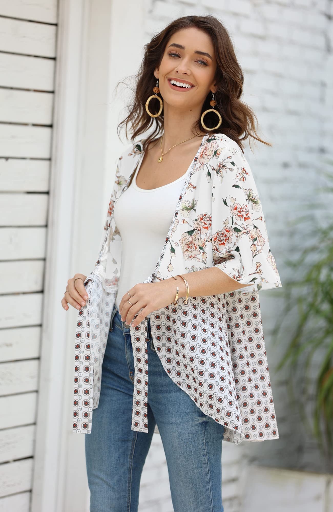 Imily Bela Women Floral Kimono Cardigans 3/4 Ruffle Sleeve Lightweight Patchwork Flowy Boho Tie Loose Cover Ups