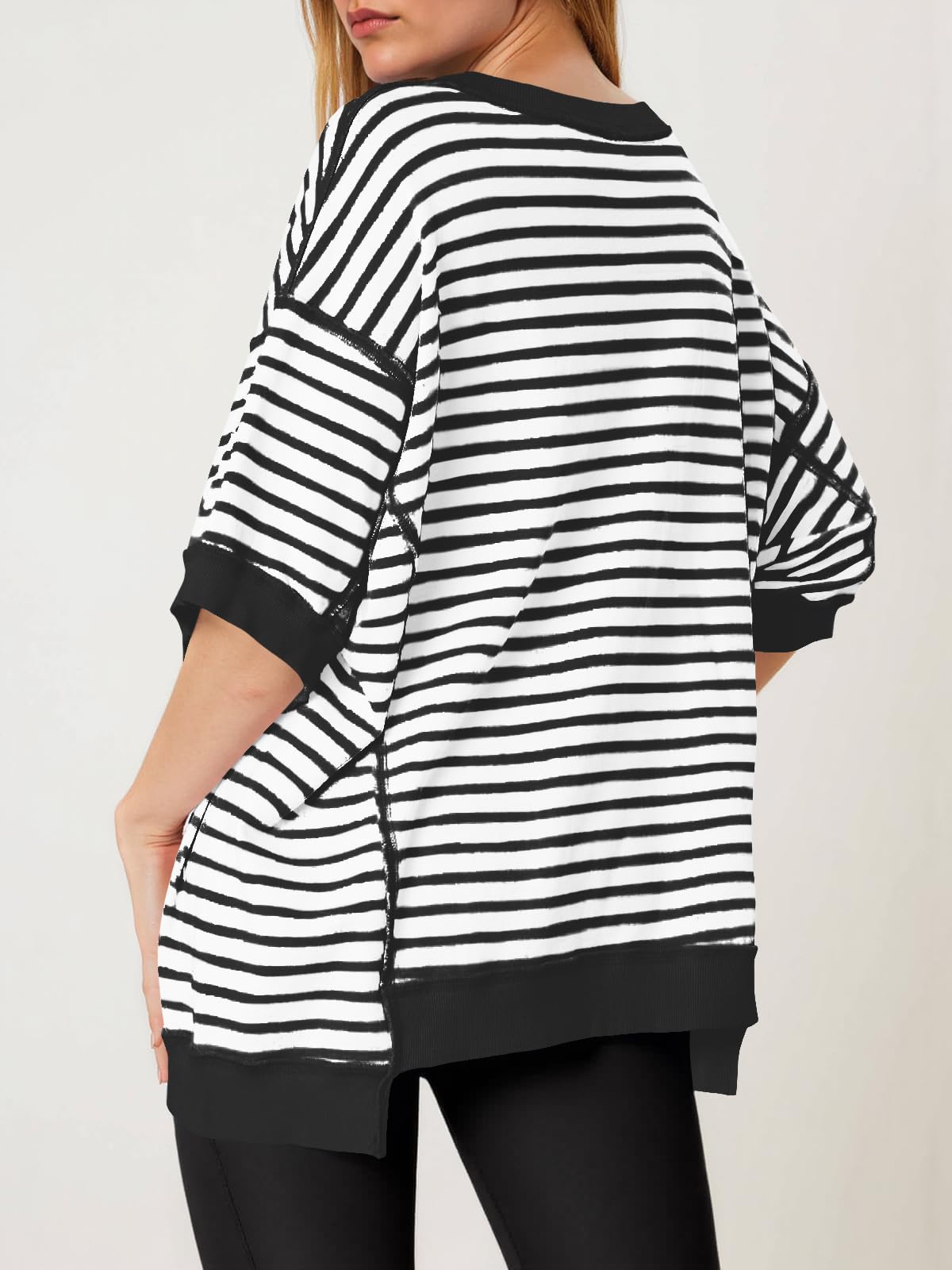 Imily Bela Womens Oversized T Shirts Striped Color Block Cotton Tops Summer Casual Half Sleeve Loose Fit Crewneck Sweatshirts