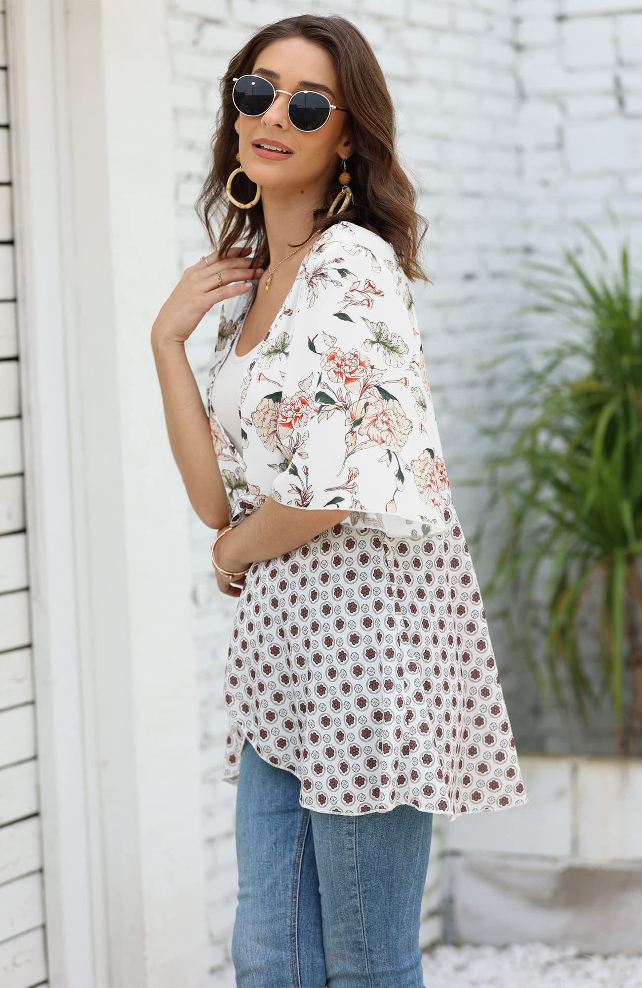 Imily Bela Women Floral Kimono Cardigans 3/4 Ruffle Sleeve Lightweight Patchwork Flowy Boho Tie Loose Cover Ups