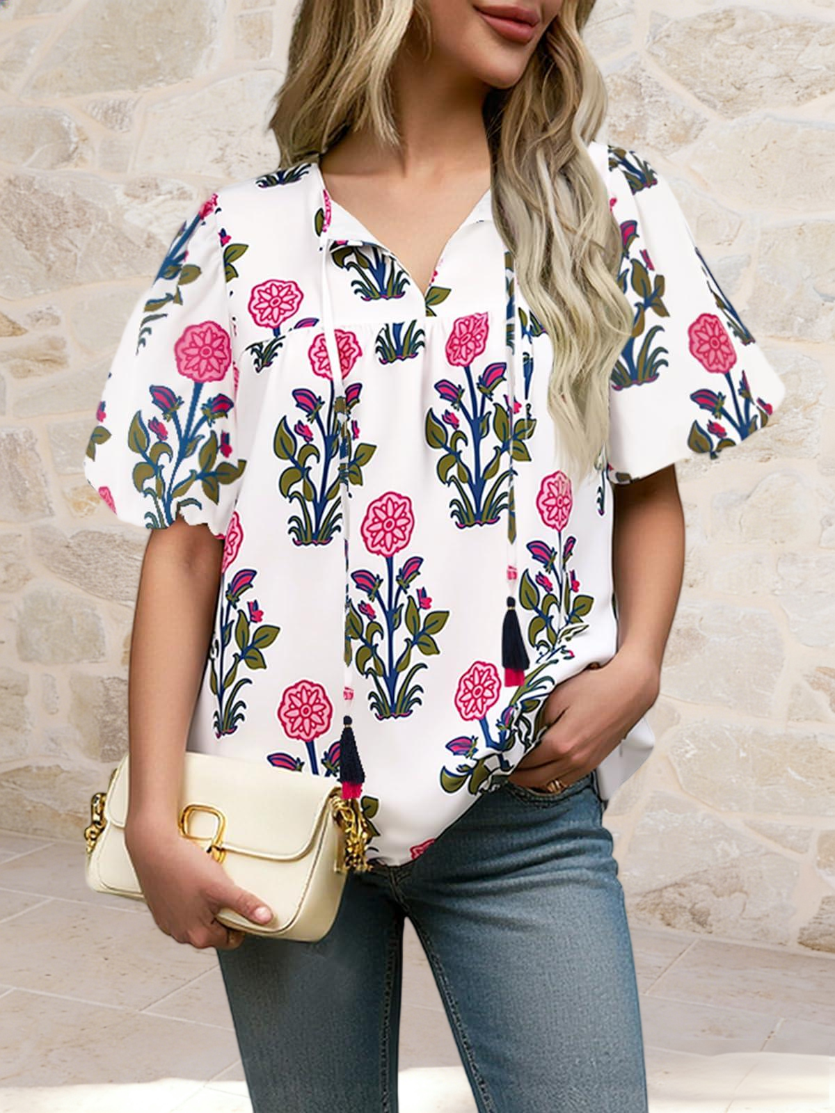 Imily Bela Womens Boho Floral Blouses Short Puff Sleeve V Neck Babydoll Shirts Flowy Tie Front Tops