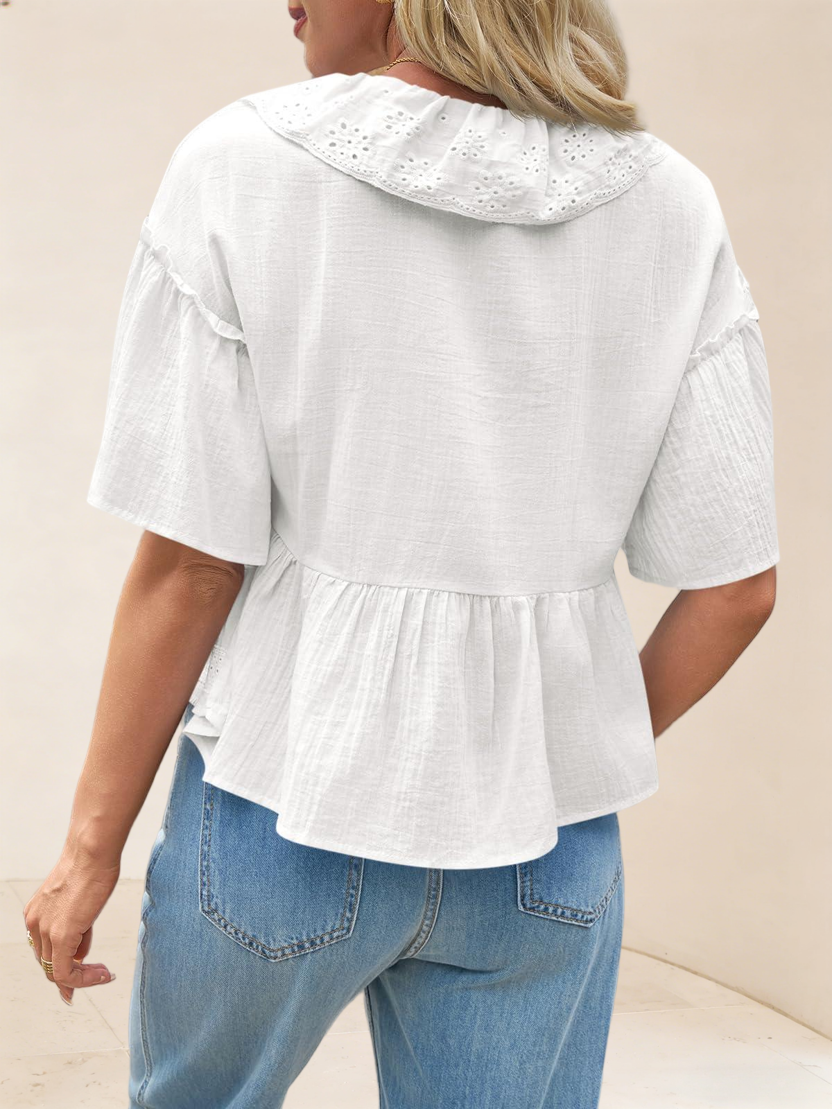 Imily Bela Womens Cropped Babydoll Tops Summer Eyelet V Neck Short Sleeve Cute Blouses Ruffle Shirts