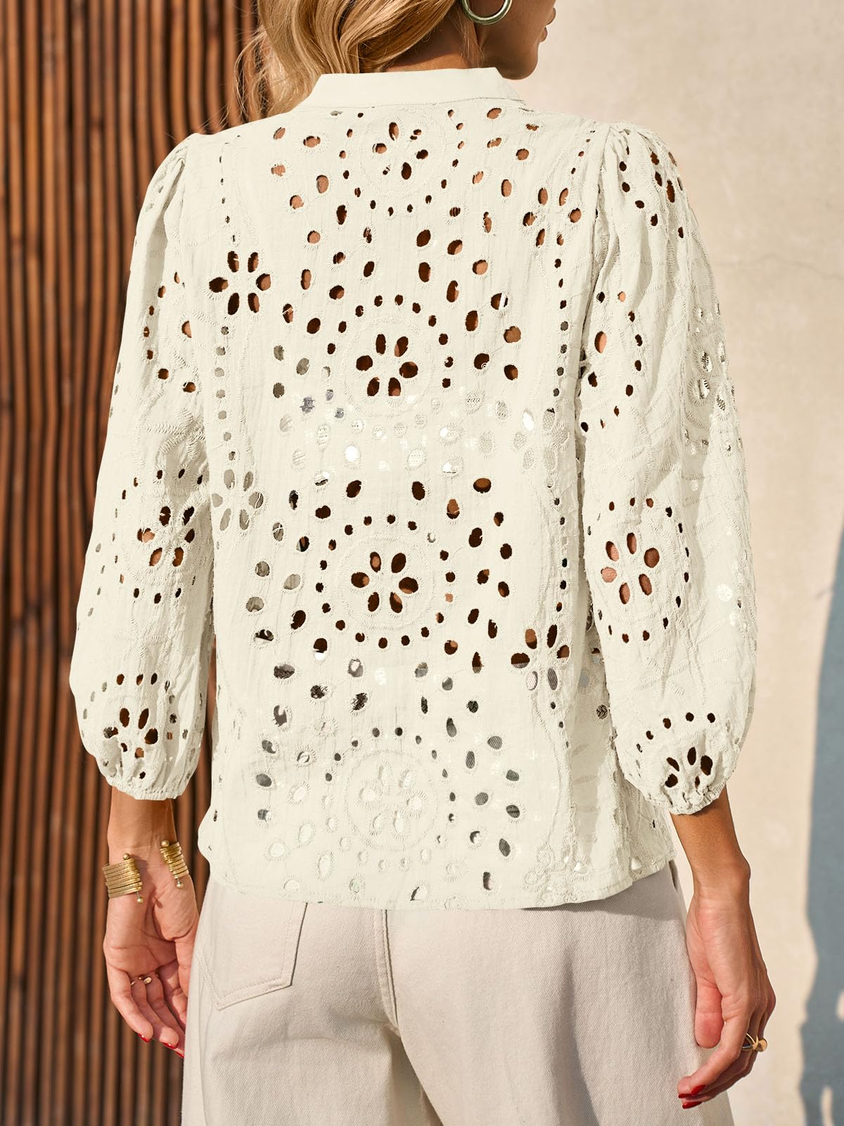 Imily Bela Womens Deep V Neck Eyelet Blouses 3/4 Balloon Sleeve Button Down Hollow Out Fall Shirts