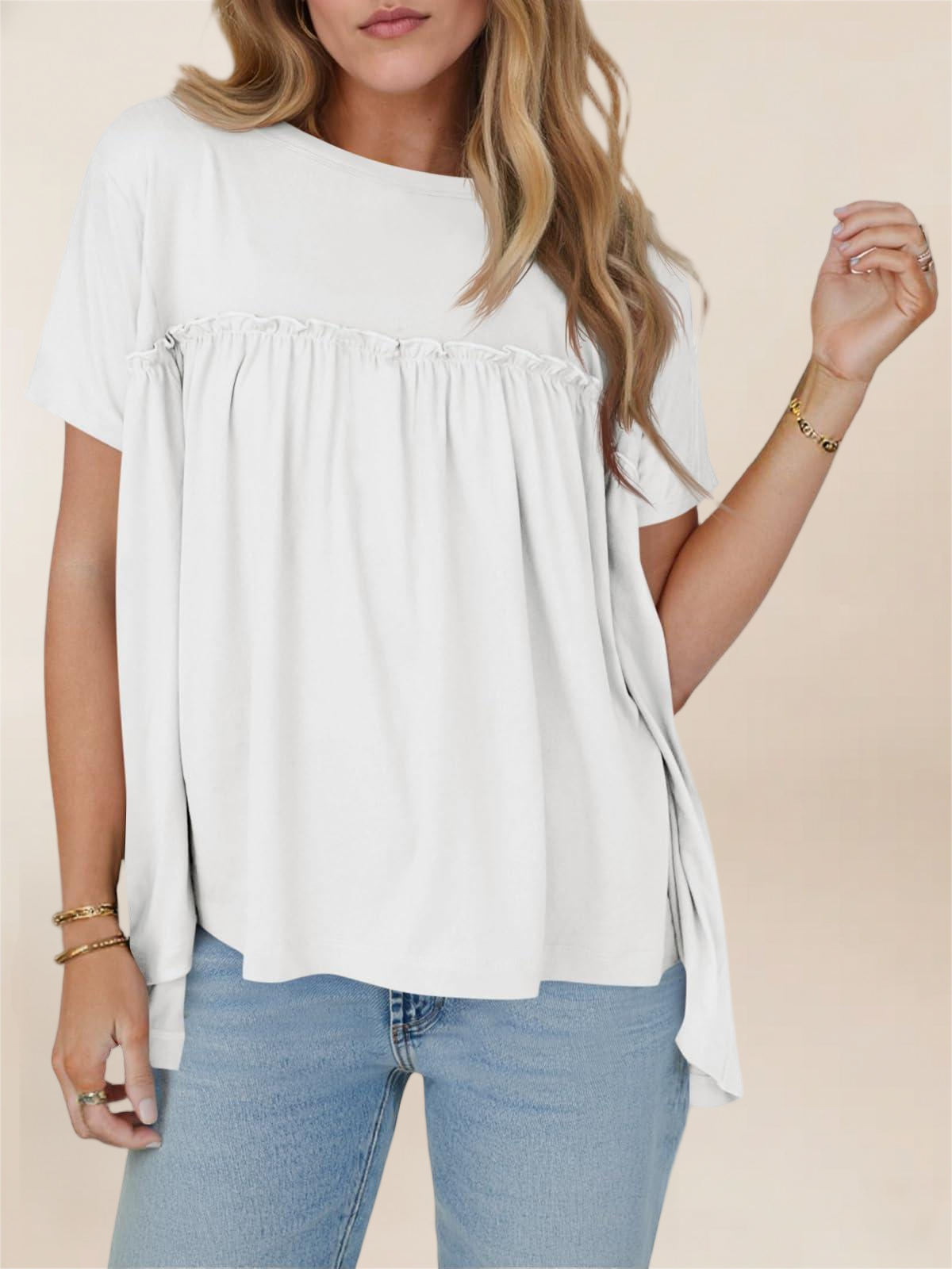 Imily Bela Women Summer Babydoll Tops Pleated Short Sleeve Crew Neck Peplum Blouse Casual Loose Fit T Shirts