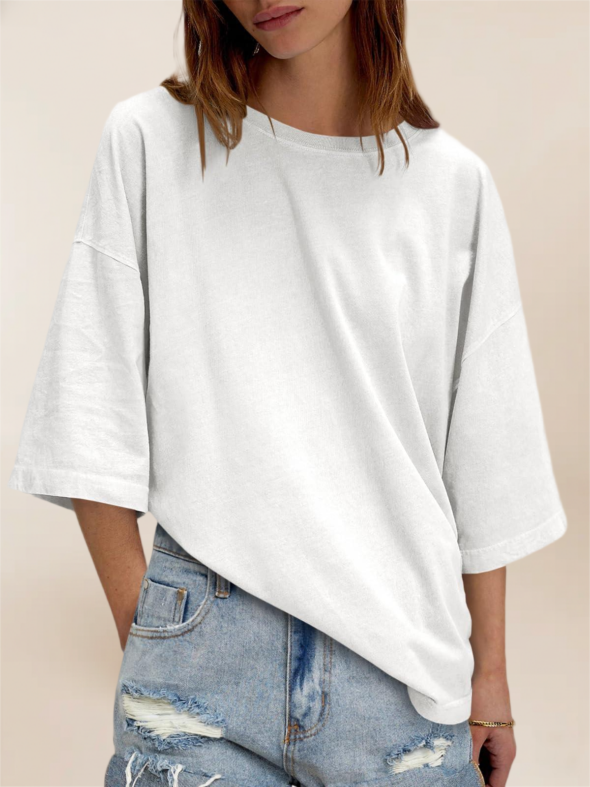 Imily Bela Womens Oversized Half Sleeve T-Shirts Summer Casual Crew Neck Tunic Tops Loose Fit Boxy Basic Tees