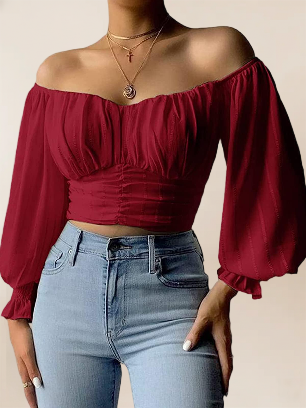 Imily Bela Womens Elegant Off The Shoulder Puff Sleeve Blouse Summer Chiffon Slim Fit Party Crop Top
