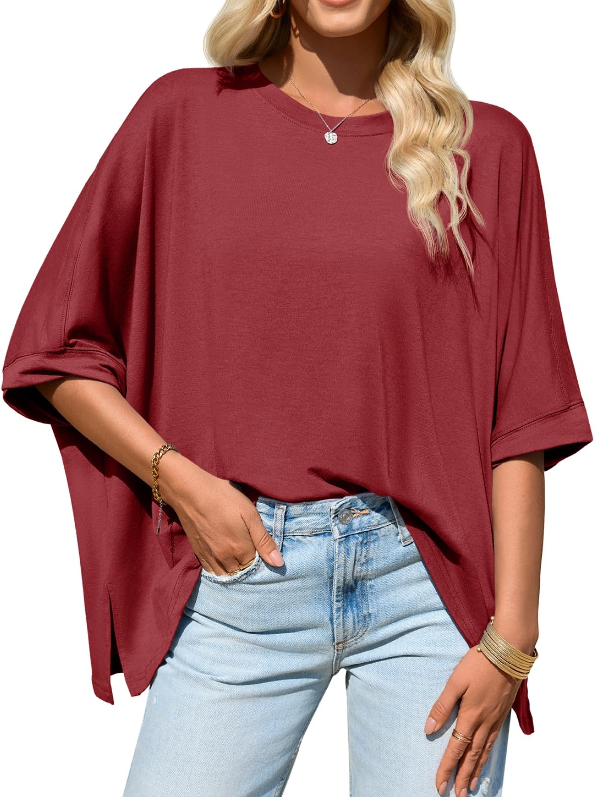 Imily Bela Womens Oversized Tshirts Batwing Short Sleeve Asymmetric Hem Tops Summer Casual Loose Fit Tunic Tee Shirts