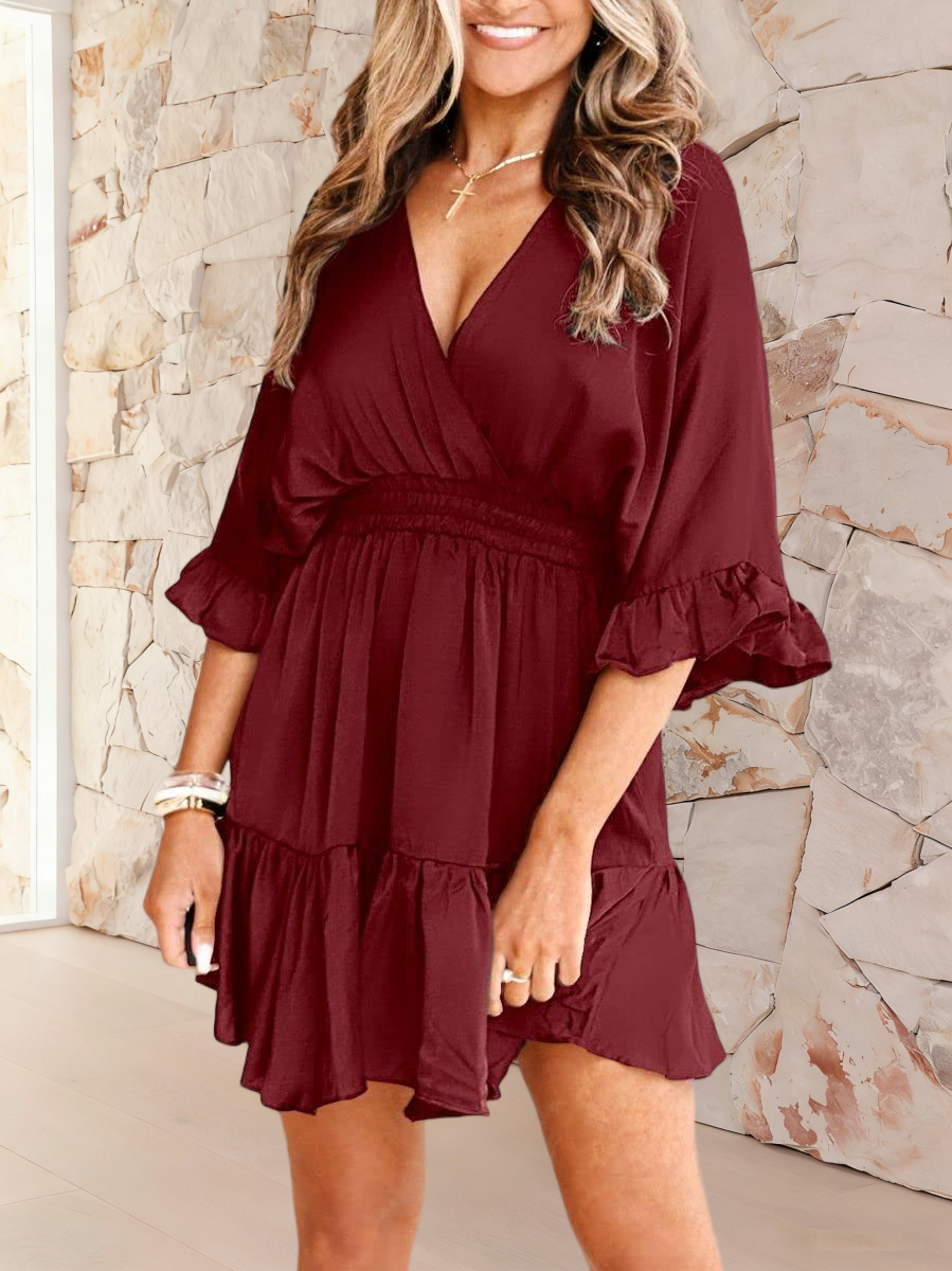 Imily Bela Womens V Neck Casual Dresses Summer Loose High Waist Ruffle Pleated Cute Mini Short Dress