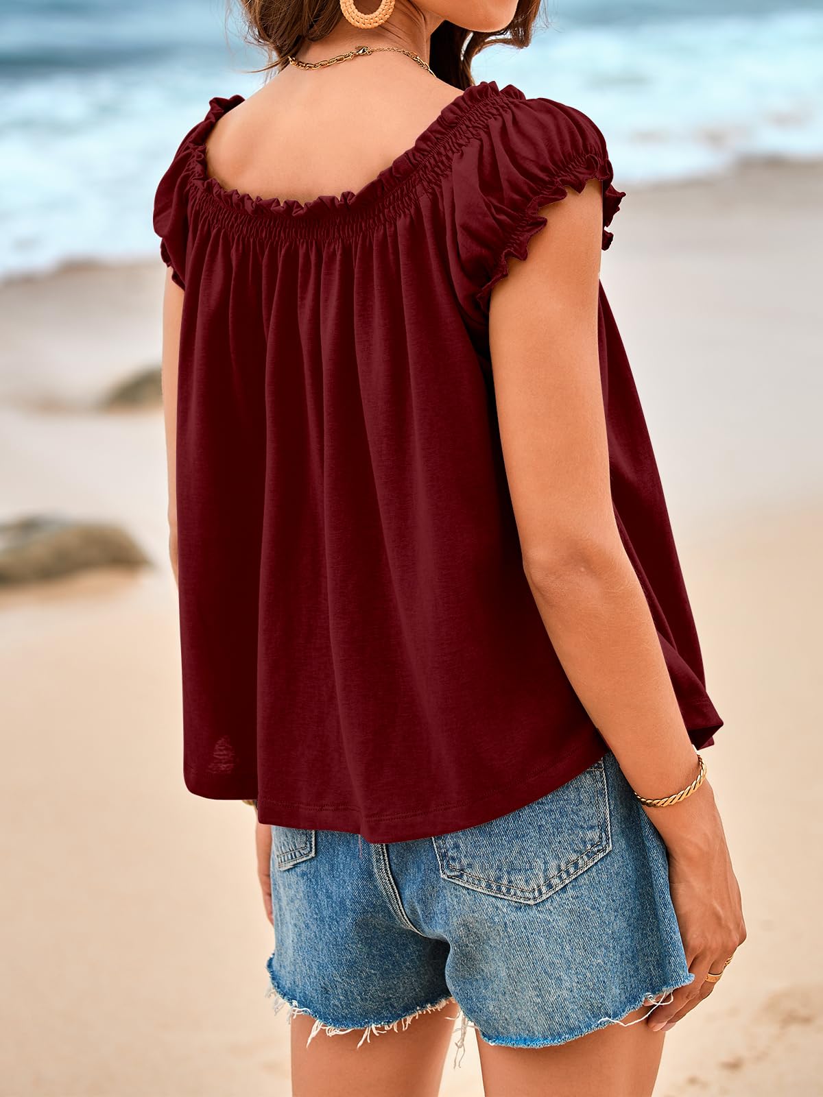 Imily Bela Women Summer Tie Front Tank Tops Cap Sleeve Pleated Babydoll Tops Casual Loose Fit Going Out Flowy Shirt