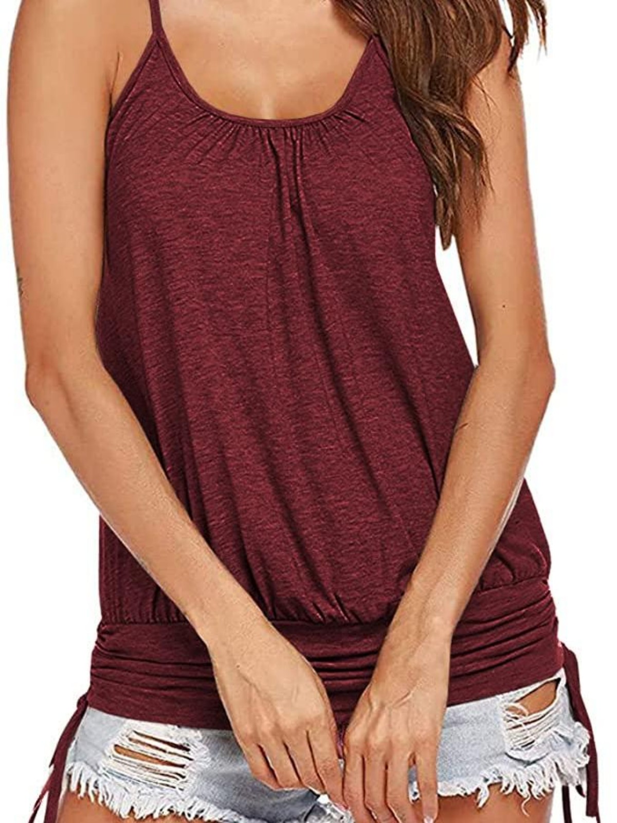 Imily Bela Women Summer Tank Tops Casual Spaghetti Strap Banded Bottom Loose Camisole Side Shirring Lace Up Shirts