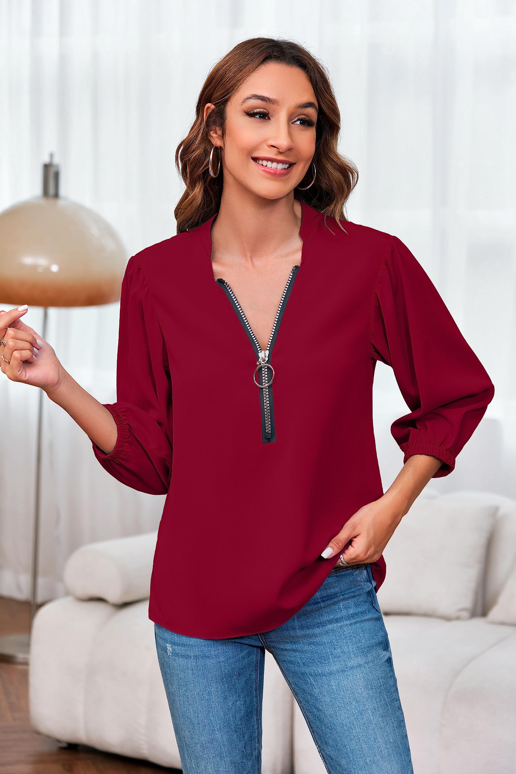 Imily Bela Womens V-Neck Lantern Sleeve Blouse Zipper Design Loose Casual Top Shirts