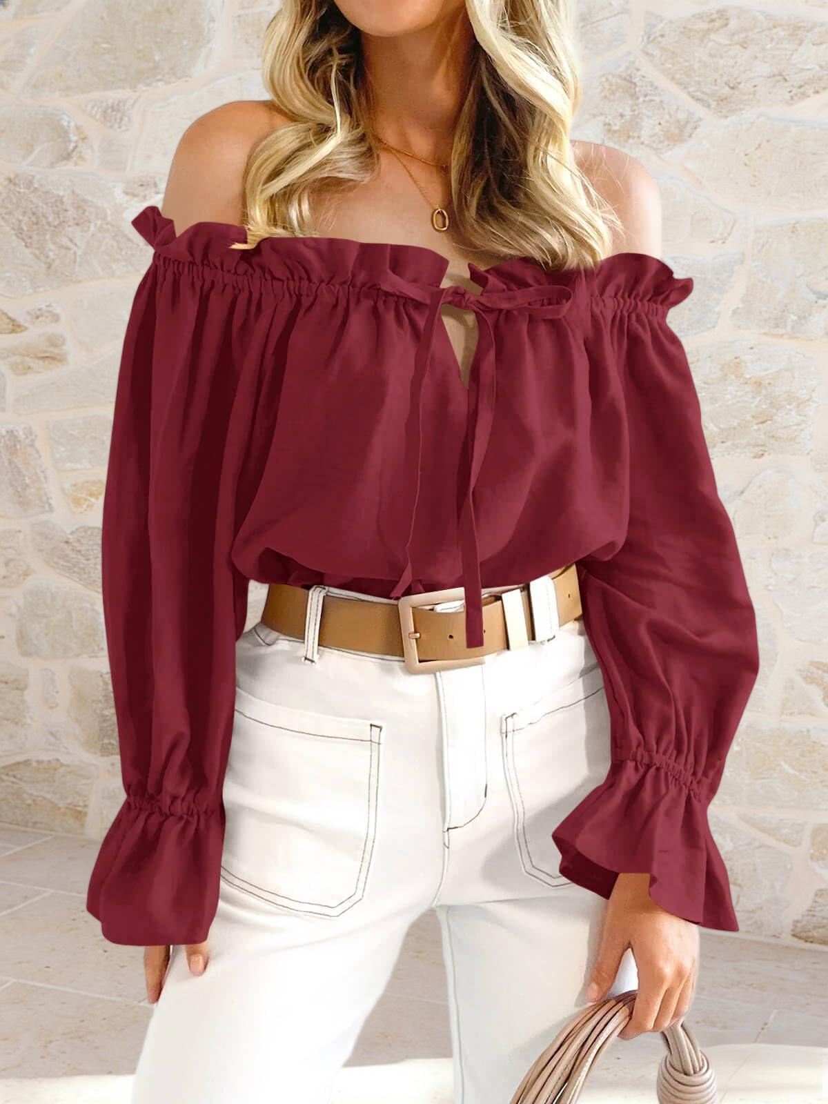 Imily Bela Womens Off The Shoulder Tops Puff Long Sleeve Tie Front Loose Fit Ruffle Shirts Blouses