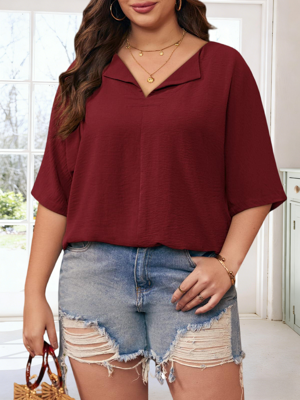 Imily Bela Womens Plus Size Tops Short Sleeve V Neck Tee Blouse Summer Loose Fit Casual Tunic Top XL-5XL