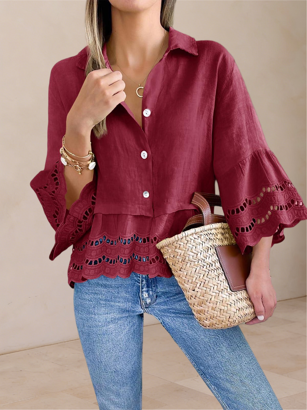Imily Bela Womens 3/4 Bell Sleeve Button Down Shirts Casual Ruffle Hem Tops Eyelet Blouse