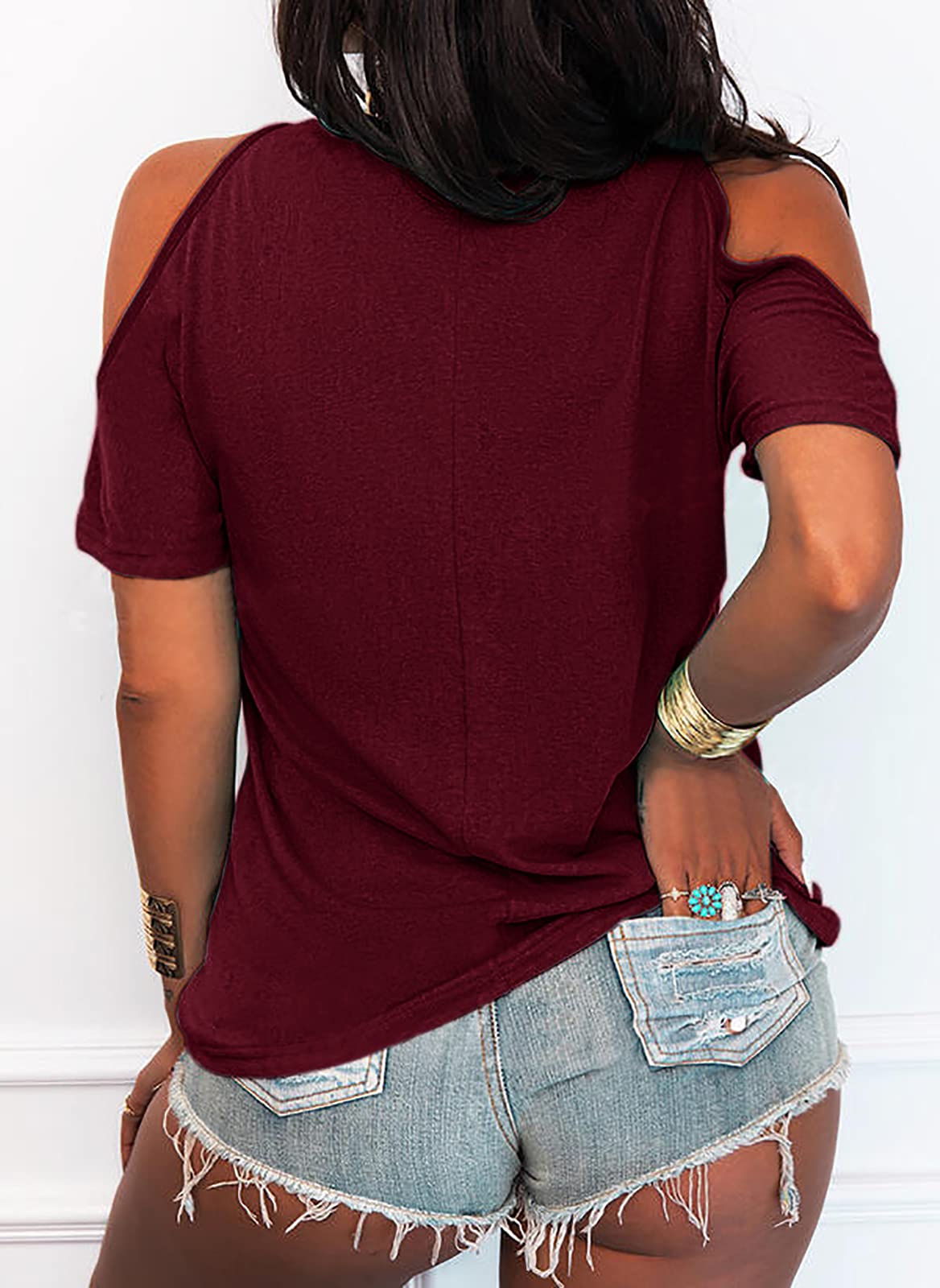 Imily Bela Women's Summer Cold Shoulder T-Shirt Casual Short Sleeve V Neck Blouse Top