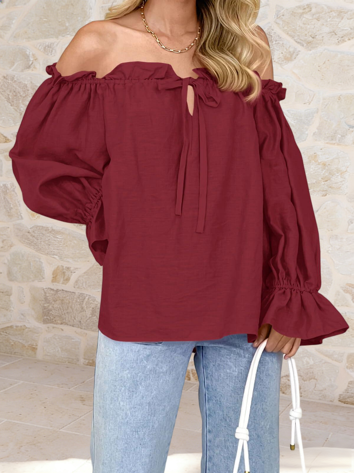 Imily Bela Womens Off The Shoulder Tops Puff Long Sleeve Tie Front Loose Fit Ruffle Shirts Blouses