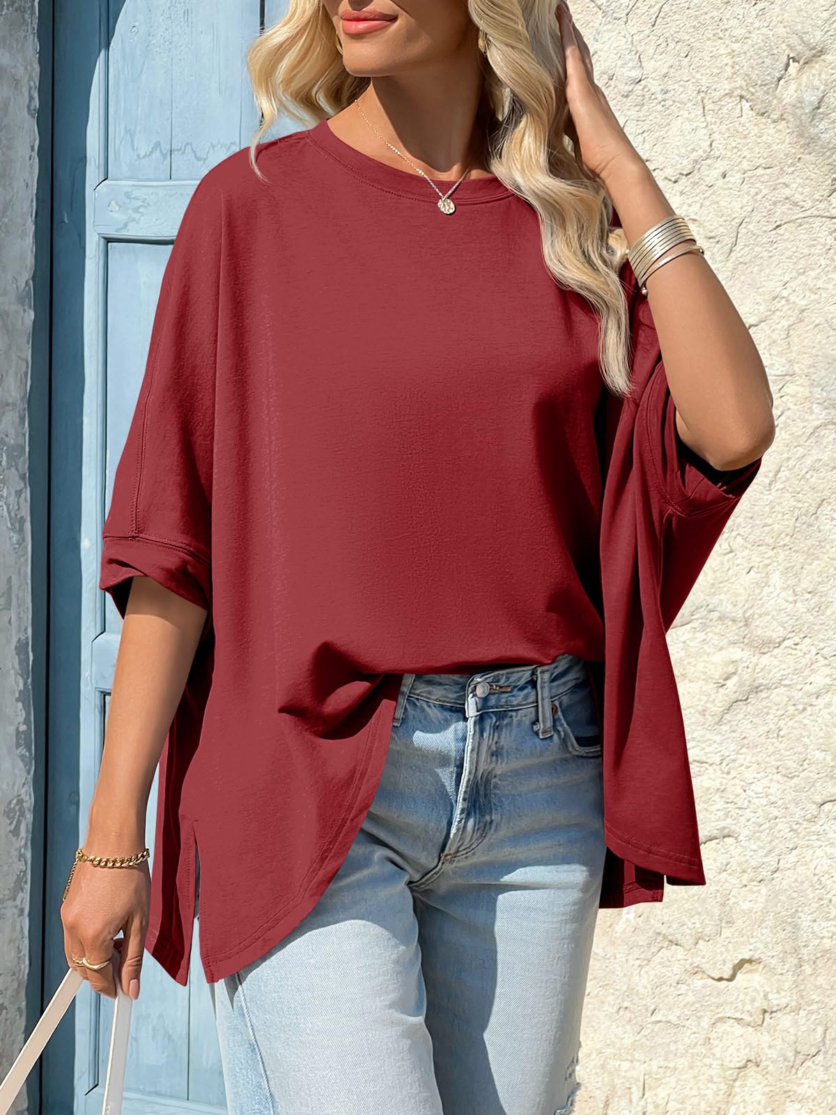 Imily Bela Womens Oversized Tshirts Batwing Short Sleeve Asymmetric Hem Tops Summer Casual Loose Fit Tunic Tee Shirts