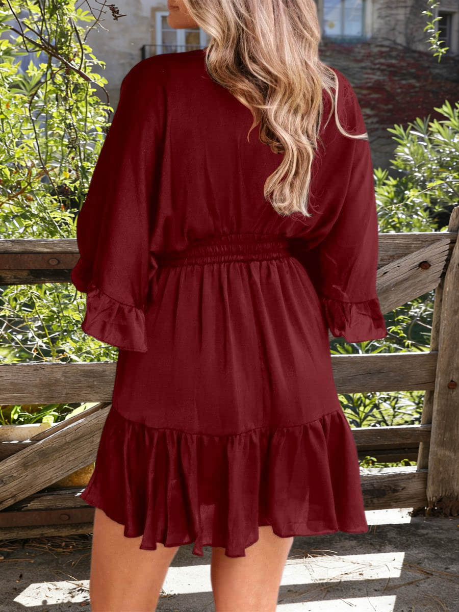 Imily Bela Womens V Neck Casual Dresses Summer Loose High Waist Ruffle Pleated Cute Mini Short Dress