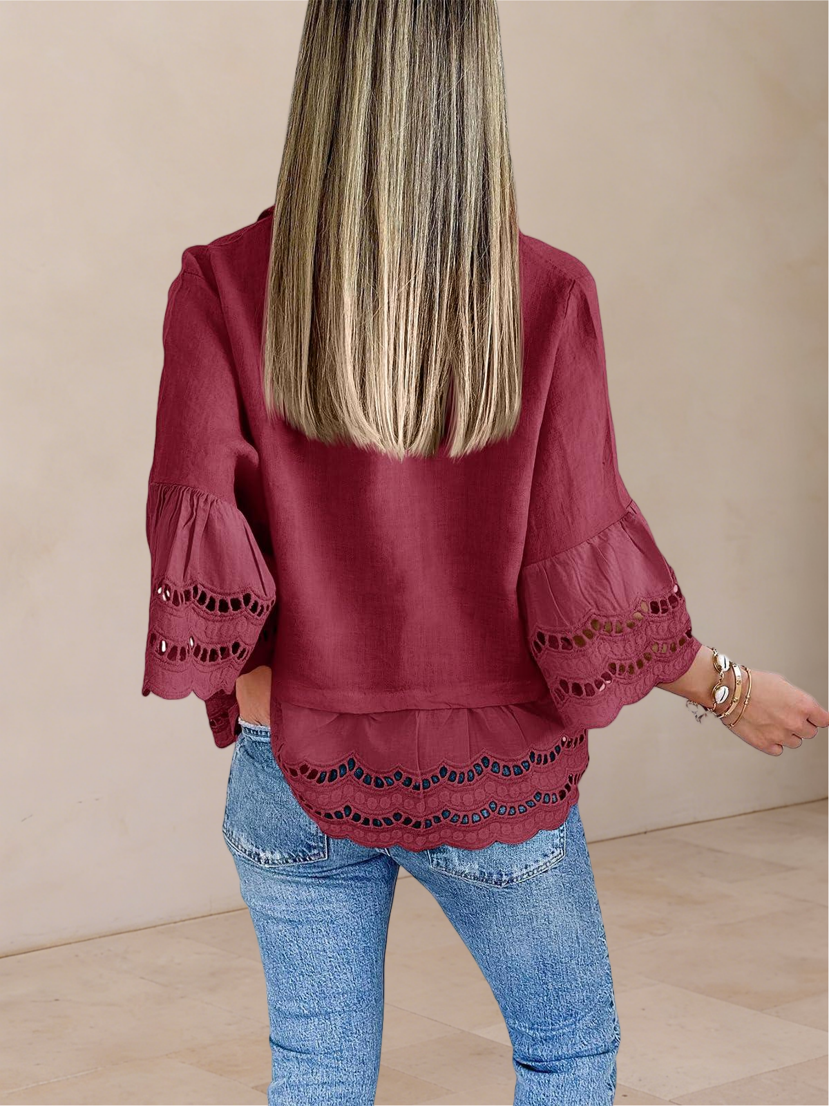 Imily Bela Womens 3/4 Bell Sleeve Button Down Shirts Casual Ruffle Hem Tops Eyelet Blouse