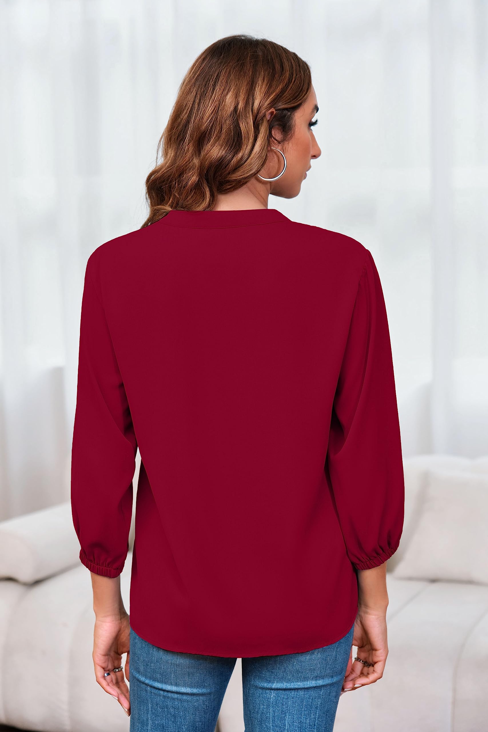 Imily Bela Womens V-Neck Lantern Sleeve Blouse Zipper Design Loose Casual Top Shirts