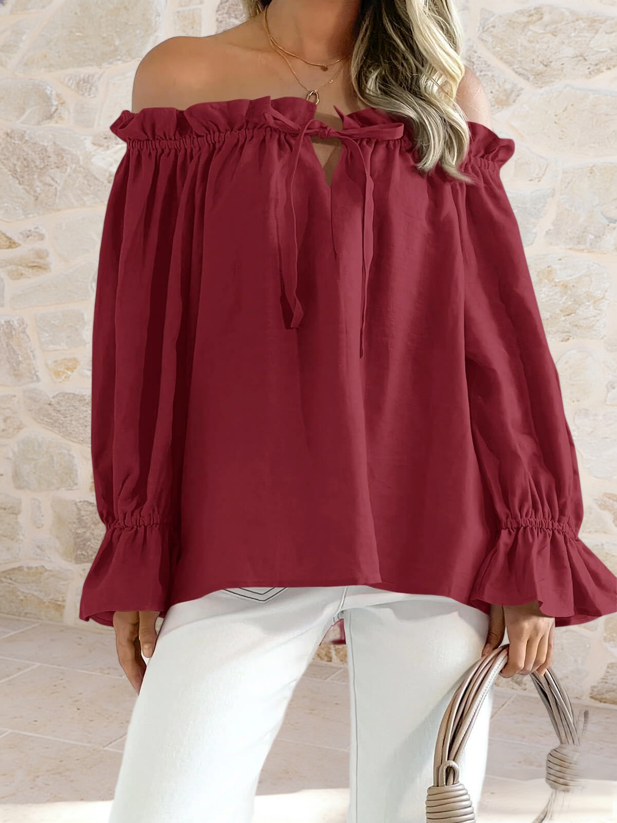 Imily Bela Womens Off The Shoulder Tops Puff Long Sleeve Tie Front Loose Fit Ruffle Shirts Blouses