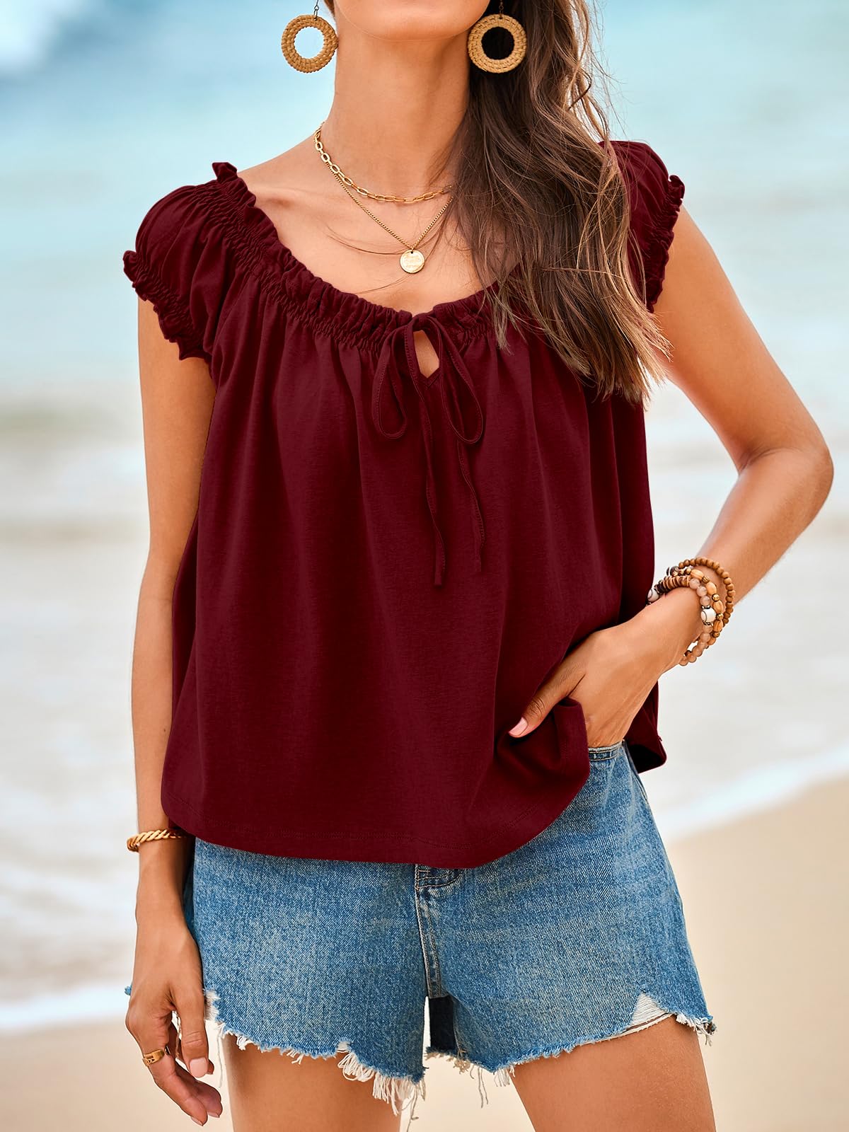 Imily Bela Women Summer Tie Front Tank Tops Cap Sleeve Pleated Babydoll Tops Casual Loose Fit Going Out Flowy Shirt