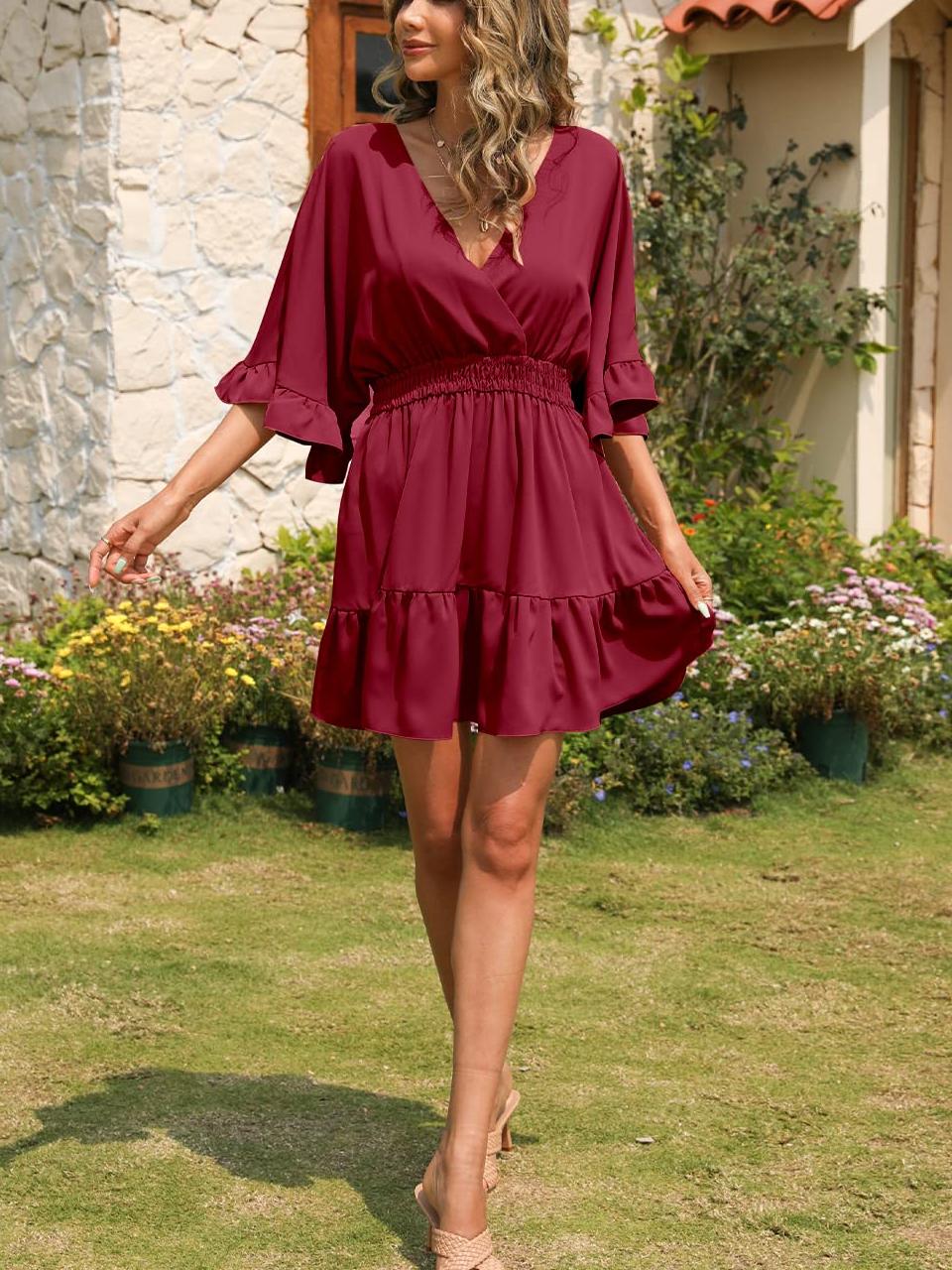 Imily Bela Womens V Neck Casual Dresses Summer Loose High Waist Ruffle Pleated Cute Mini Short Dress