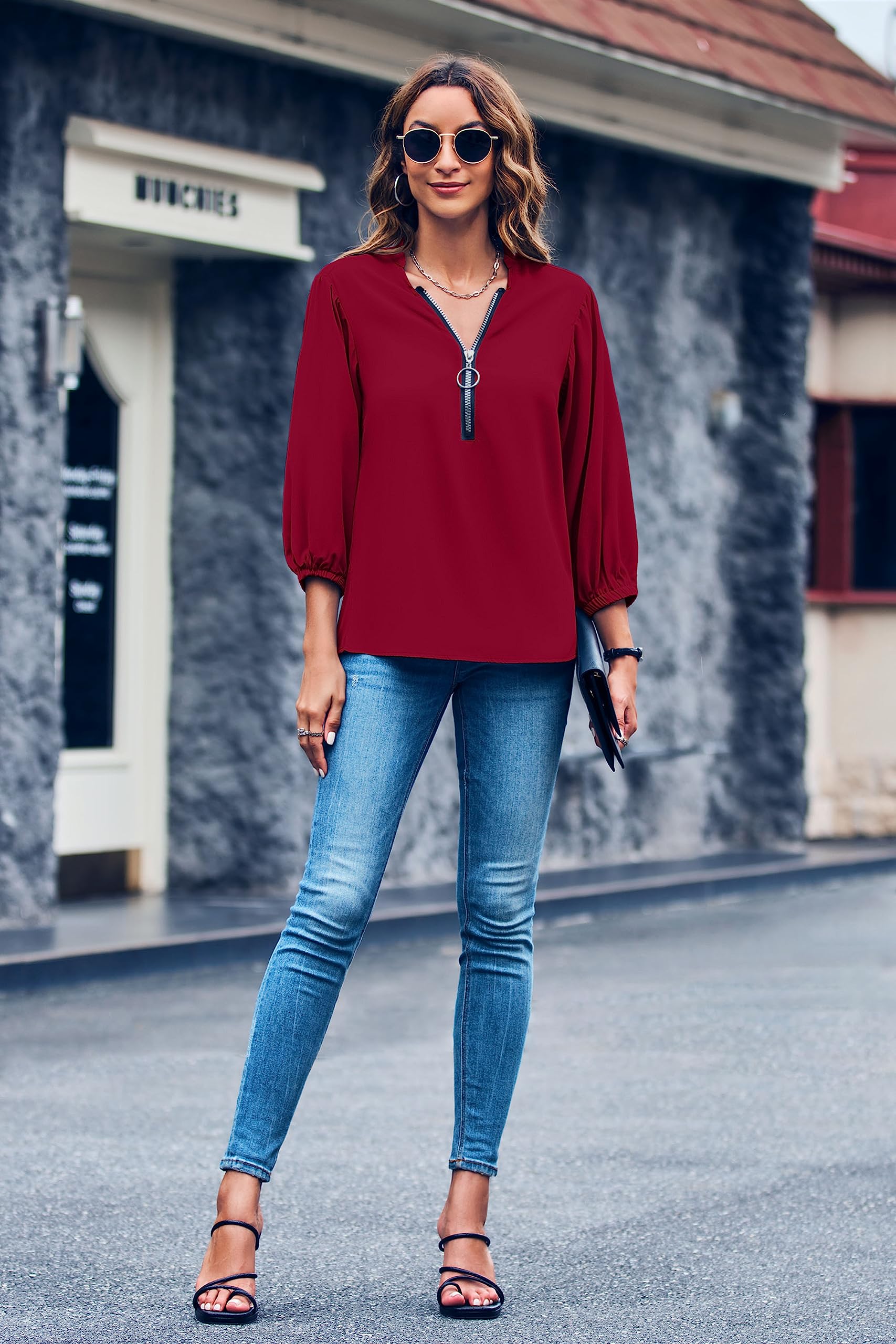 Imily Bela Womens V-Neck Lantern Sleeve Blouse Zipper Design Loose Casual Top Shirts