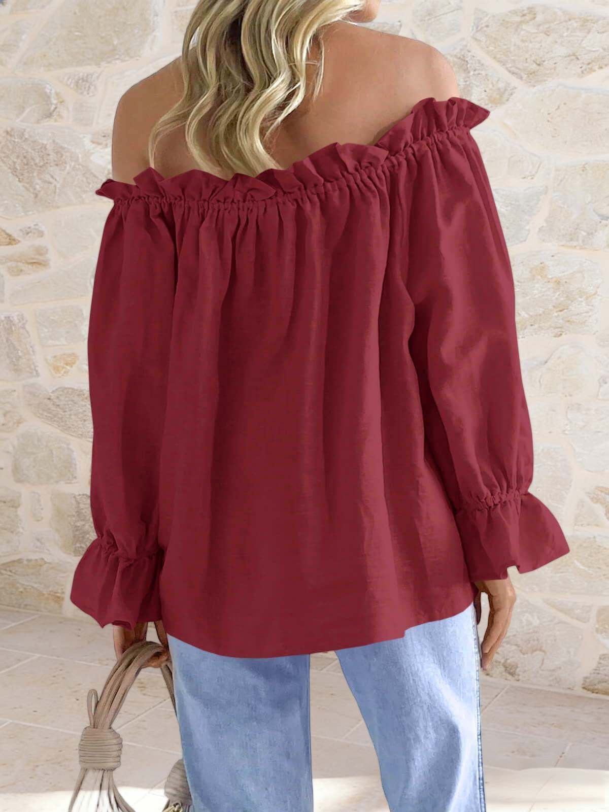 Imily Bela Womens Off The Shoulder Tops Puff Long Sleeve Tie Front Loose Fit Ruffle Shirts Blouses