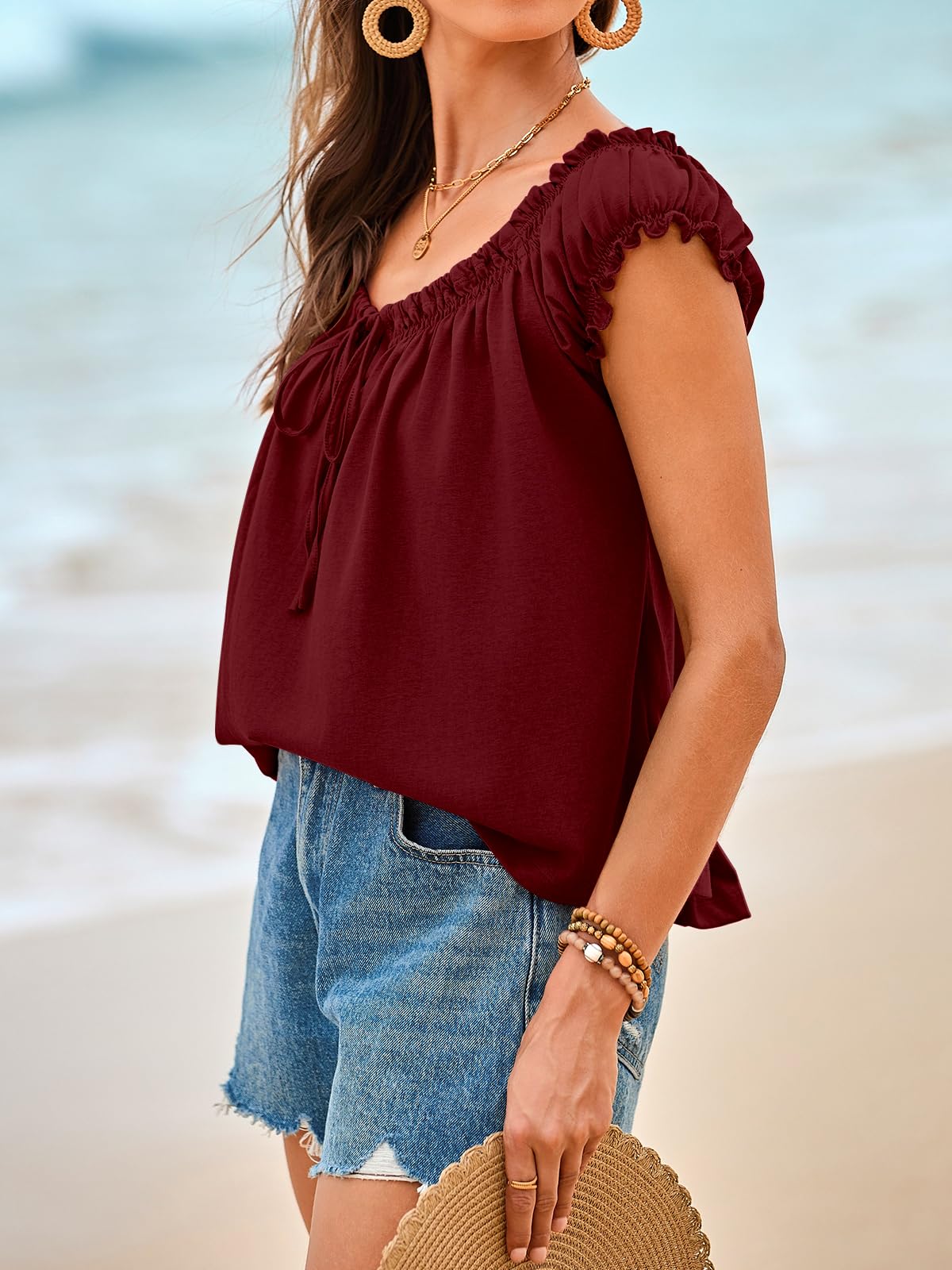 Imily Bela Women Summer Tie Front Tank Tops Cap Sleeve Pleated Babydoll Tops Casual Loose Fit Going Out Flowy Shirt