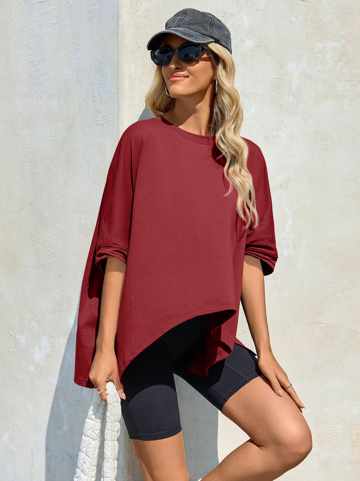 Imily Bela Womens Oversized Tshirts Batwing Short Sleeve Asymmetric Hem Tops Summer Casual Loose Fit Tunic Tee Shirts