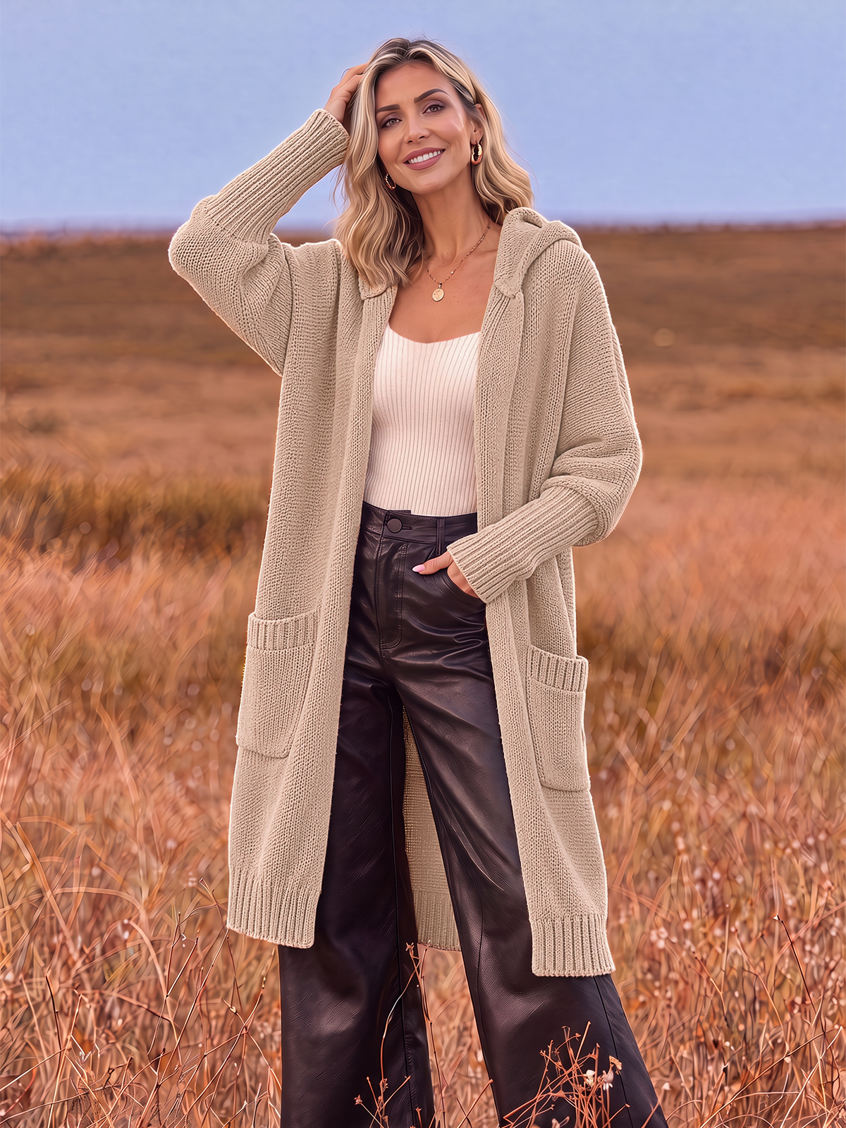 Hooded Open-Front Pocketed Cardigan