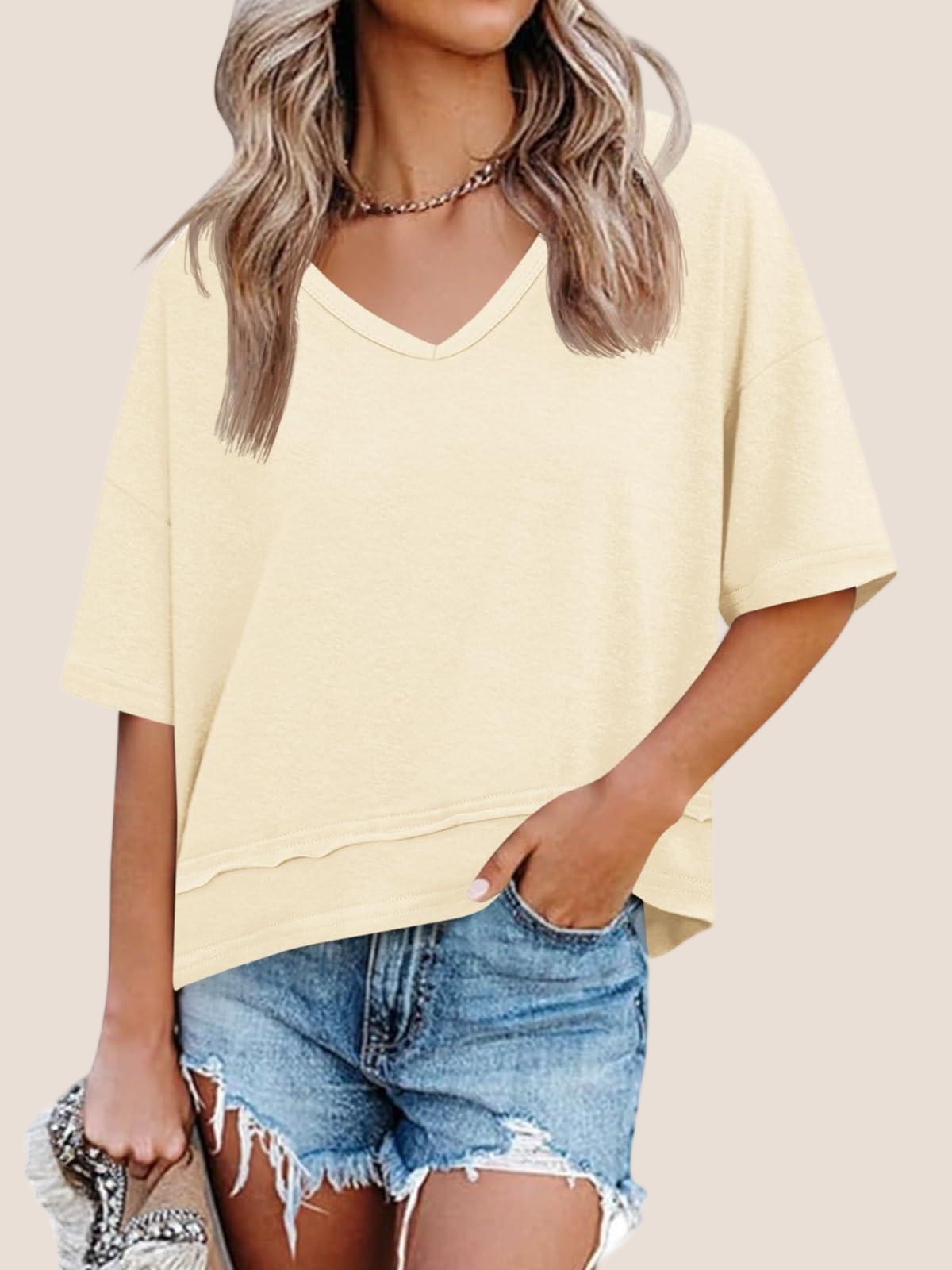 Imily Bela Womens Summer V Neck T Shirts Casual Short Sleeve Flowy Tops Cute Loose Fit Basic Tees