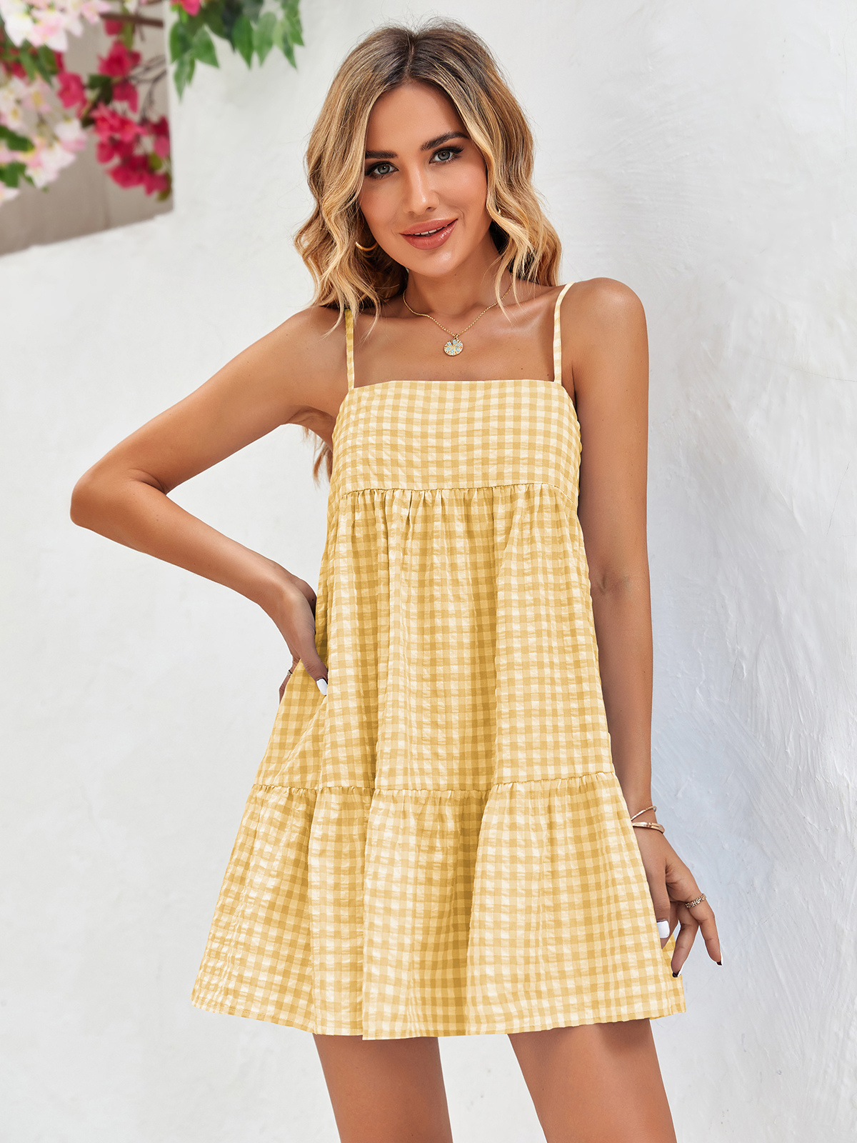 Imily Bela Womens Plaid A-line Dresses Shoulder Straps Ruffle Hem Casual Mini Dress with Side Pocket