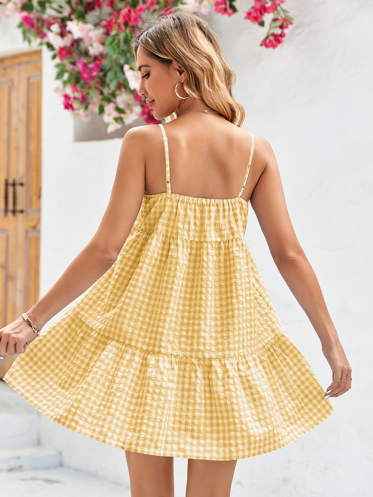 Imily Bela Womens Plaid A-line Dresses Shoulder Straps Ruffle Hem Casual Mini Dress with Side Pocket