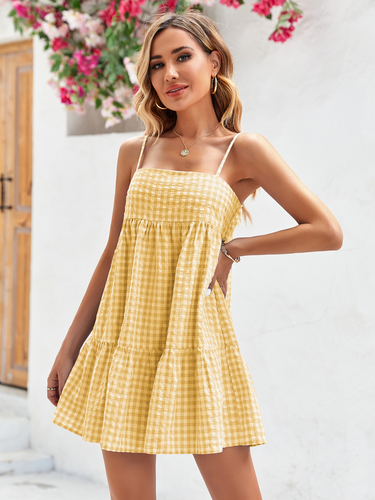 Imily Bela Womens Plaid A-line Dresses Shoulder Straps Ruffle Hem Casual Mini Dress with Side Pocket