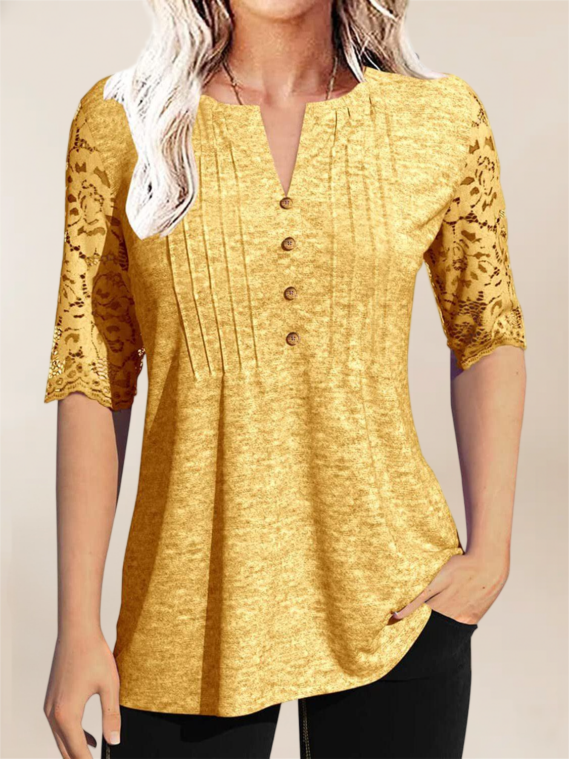 Imily Bela Womens Summer Tops Pleated Button Down Short Sleeve T-Shirt V-Neck Casual Lace Blouse