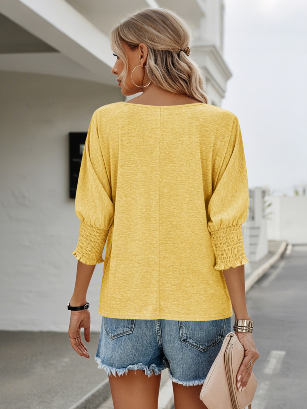 Imily Bela Women's 3/4 Sleeve Casual Tops Solid Color Crew Neck Loose Fit Shirts Blouses