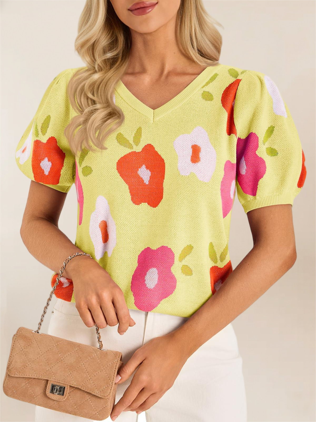Imily Bela Womens Puff Short Sleeve Sweater Tops 2026 Spring Summer Floral Pullover V Neck Casual Knit T Shirts