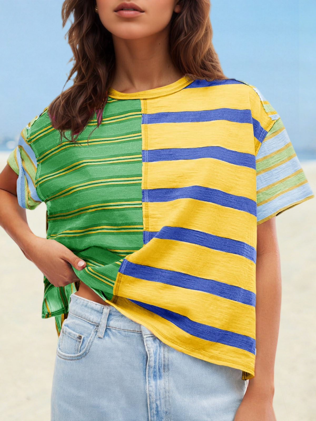 Imily Bela Womens Summer Striped Shirts Casual Color Block Short Sleeve Tops Loose Fit Crew Neck Tees