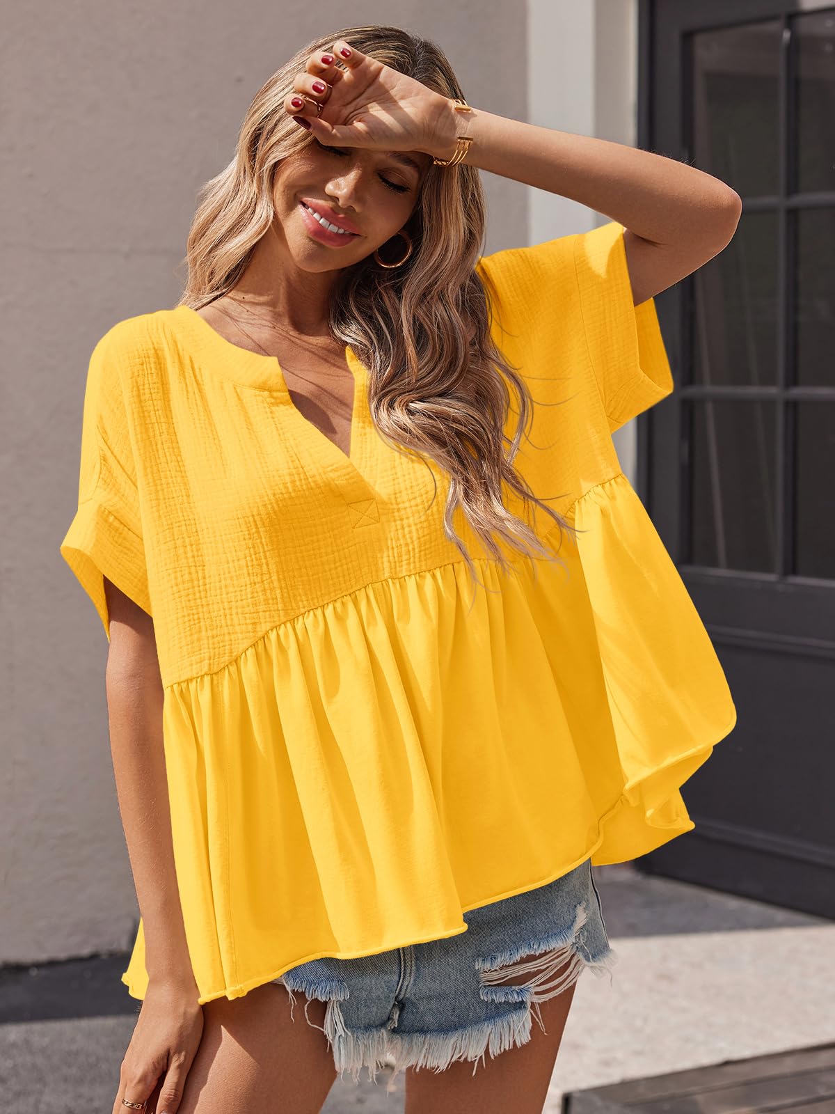 Imily Bela Womens Summer Babydoll Tops V Neck Short Sleeve Pleated Flowy Shirts Casual Loose Fit Peplum Blouse