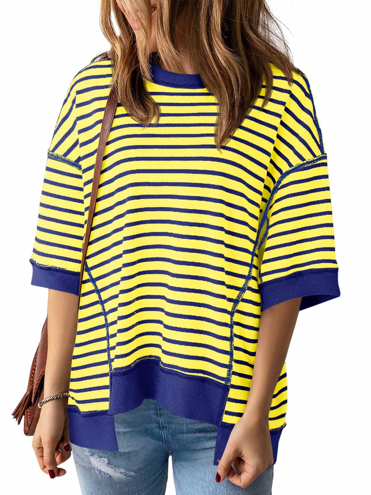 Imily Bela Womens Oversized T Shirts Striped Color Block Cotton Tops Summer Casual Half Sleeve Loose Fit Crewneck Sweatshirts