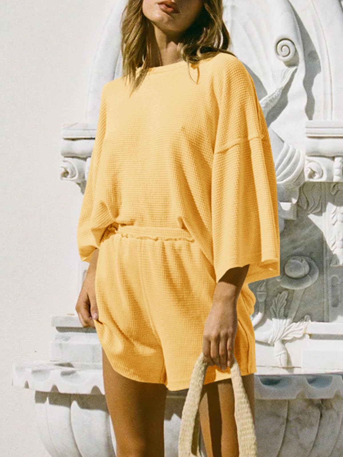 Imily Bela Womens Short Sets 2 Piece Outfits 3/4 Sleeve Tops and Elastic Waist Shorts Lounge Set Casual Loungewear