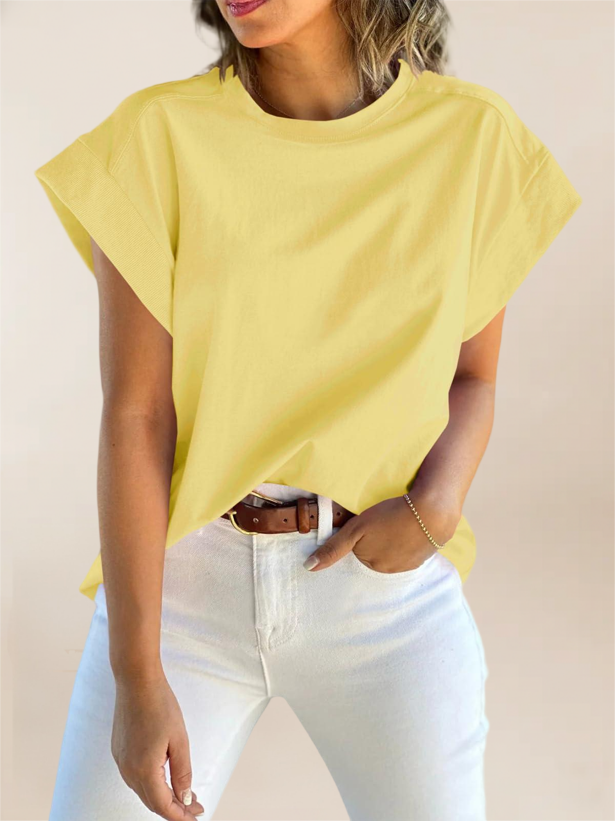 Imily Bela Womens Summer Cap Sleeve Tank Top Crew Neck Solid Casual Loose Fit Basic Tee Shirt