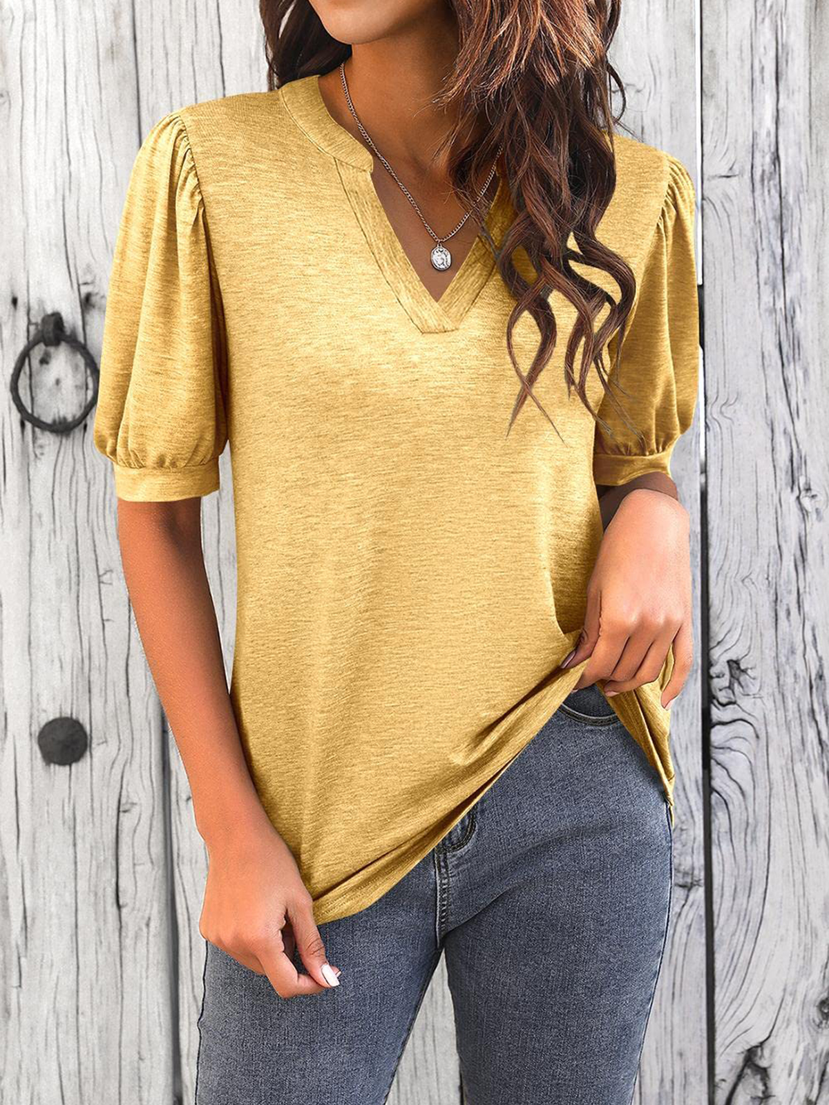 Imily Bela Womens V Neck T Shirts Casual Puff Sleeve Loose Dressy Blouses Summer Tops