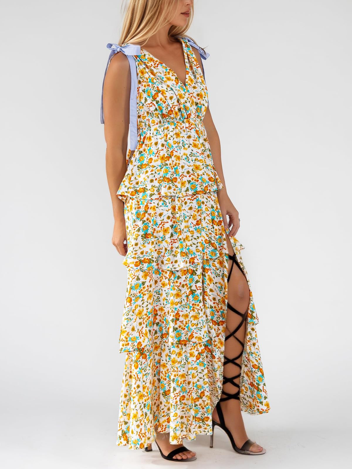 Imily Bela Womens Summer Floral Maxi Dress Tie Strap Sleeveless V Neck High Slit Boho Ruffle Tiered Beach Dresses