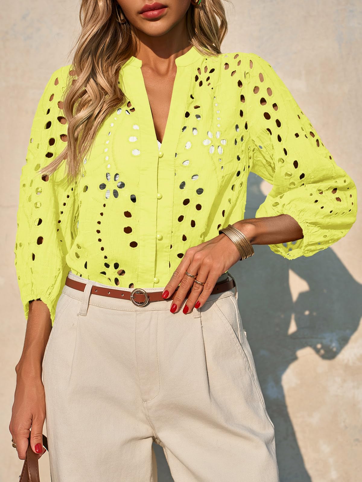 Imily Bela Womens Deep V Neck Eyelet Blouses 3/4 Balloon Sleeve Button Down Hollow Out Fall Shirts