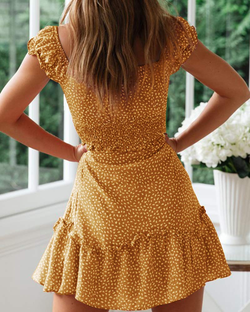 Imily Bela Womens Summer Ruffle Sleeve Sweetheart Neckline Printing Dress Mini Dresses