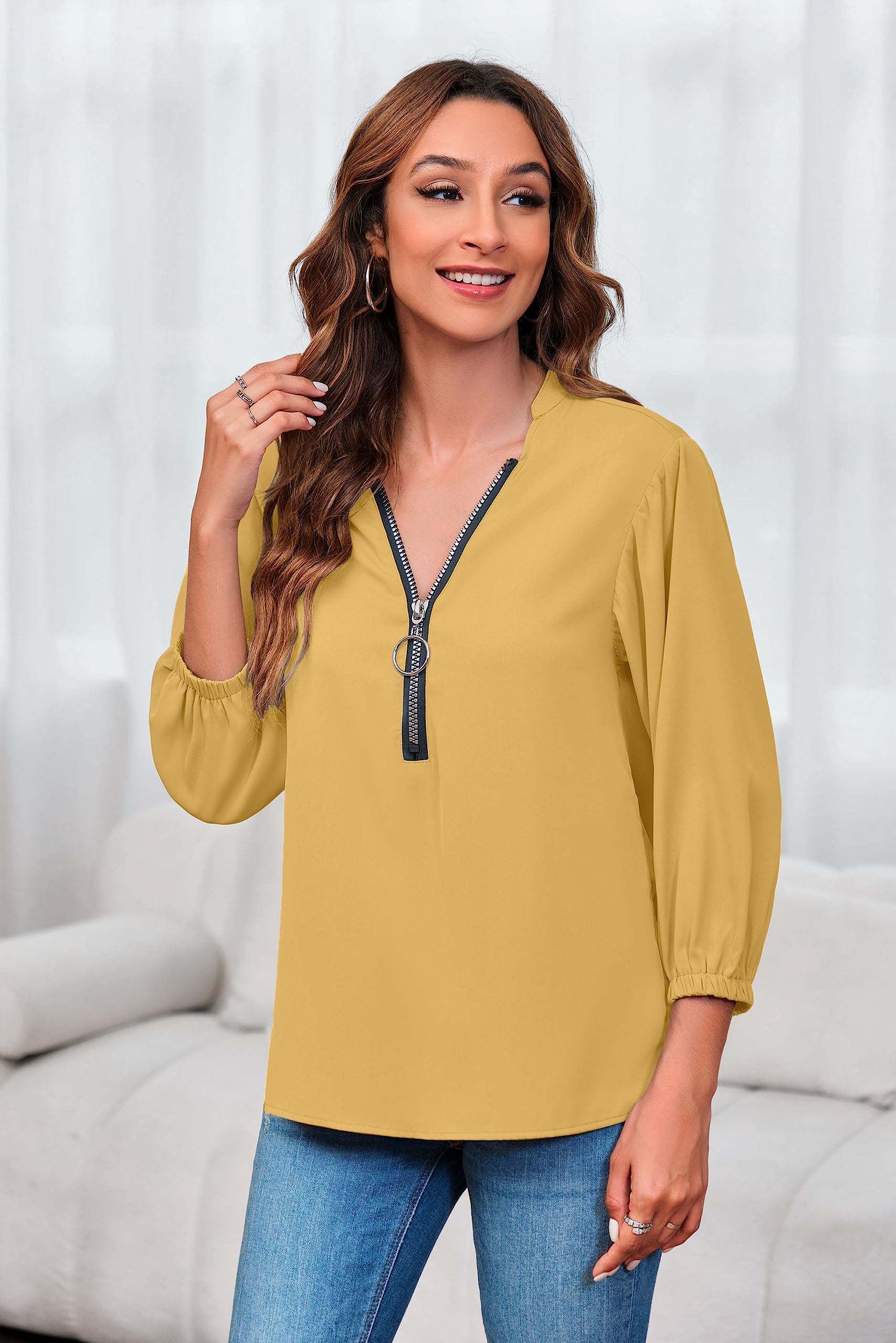 Imily Bela Womens V-Neck Lantern Sleeve Blouse Zipper Design Loose Casual Top Shirts