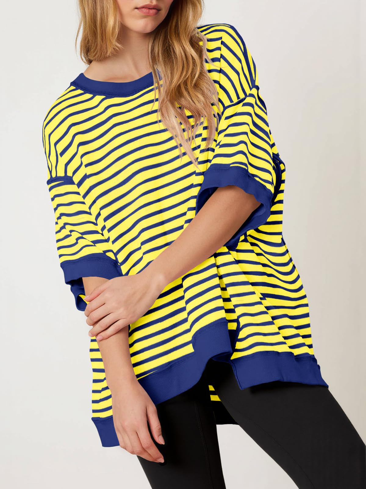 Imily Bela Womens Oversized T Shirts Striped Color Block Cotton Tops Summer Casual Half Sleeve Loose Fit Crewneck Sweatshirts