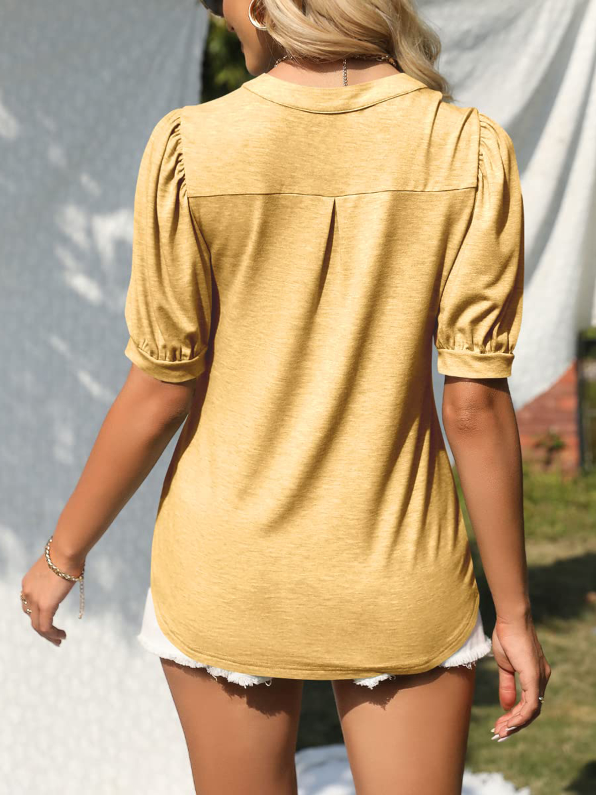 Imily Bela Womens V Neck T Shirts Casual Puff Sleeve Loose Dressy Blouses Summer Tops